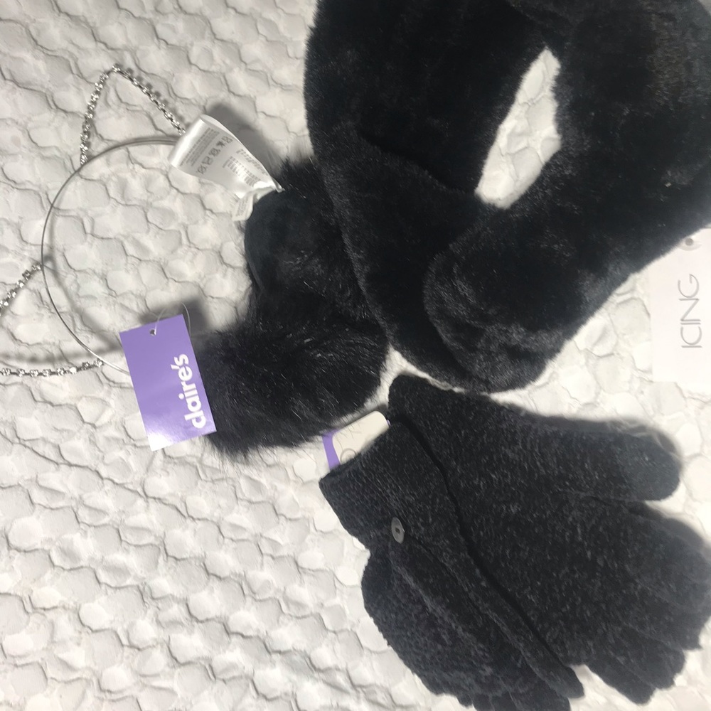 3pc Rhinestone Earmuffs, Chenille Mits n Scarf
